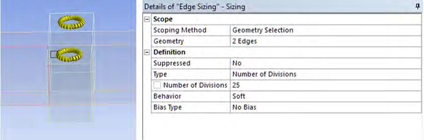 Σχήμα 4.7 (Αριστερά) Edge Sizing για τι οπές. (Δεξιά) Ρυθμίσεις στο Edge Sizing Στα σχήματα που ακολουθούν, μπορεί κανείς να δει το πλέγμα που δημιουργήθηκε για το αγωγό.