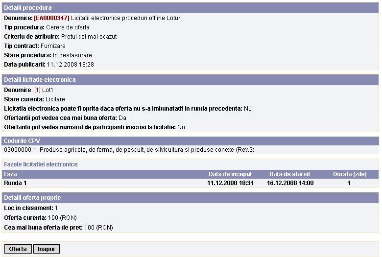 lista de loturi. Actiunile posibile ofertantului difera functie de starea LE-ului la lot.