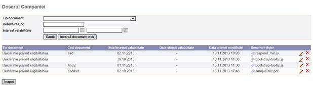 Administrare 208 Vizualizare, modificare, stergere documente din Dosarul companiei Utilizatorul poate cauta un document in lista de documente prin selectarea unuia dintre filtrele de cautare si