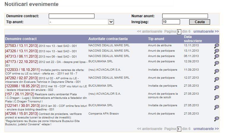 Notificari 233 Aceasta pagina contine lista notificarilor trimise automat de aplicatie pentru anunturile la care a subscris, mai noi de 3 luni (parametru configurabil), afisate in ordinea