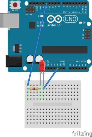 Εικόνα 5.10: Arduino συνδεσμολογία για άναμμα σβήσιμο LED o Τα 6 pins μπορούν να στείλουν PWM σήματα. Τα PWM είναι σήματα ελεγχόμενης ισχύος. iv.