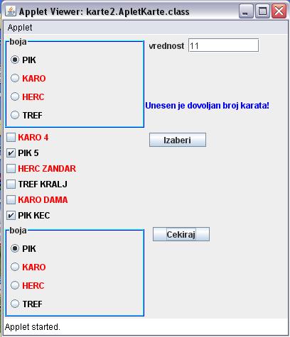 Објашњење: Класа Karta има две инстанцне променљиве, боју и вредност карте, обе типа int. Боја карте може бити нека од четири константне вредности задате статичким чланицама PIK, KARO, HERC i TREF.