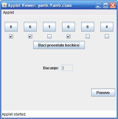Објашњење: Осим компоненти које учествују у обради догађаја, класа има и инстaнцну променљиву bacanje типа int која означава редни број бацања и иницијализована је вредношћу 1.