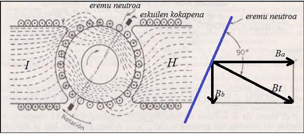 Errotorearen bobinetan korronte elektriko induzitua sortzen da eta honek, bere aldetik, sortzen du bere eremu magnetiko propioa, poloetatik datozkion indar lerroak desbideratuz eta eremu neutroa