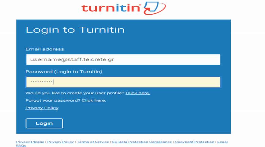 ΒΗΜΑ 1 Ο : Πώς κάνω login στο Turnitin Προκειμένου να μπορείτε να κάνετε χρήση της υπηρεσίας θα πρέπει να δημιουργηθεί για εσάς προφίλ ως Instructor.