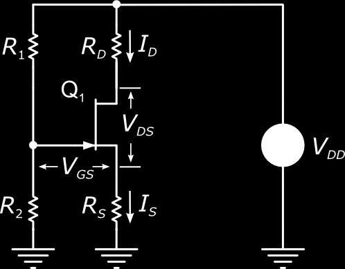 Polarizacija preko naponskog razdelnika R 1, R 2 ~MΩ V G = I R S R2 + R 1 2 = D DD S S S D S 2 GS G S DD D S R1 + R2 V DS DD D S D I V = IR = IR R V = V V = V I R