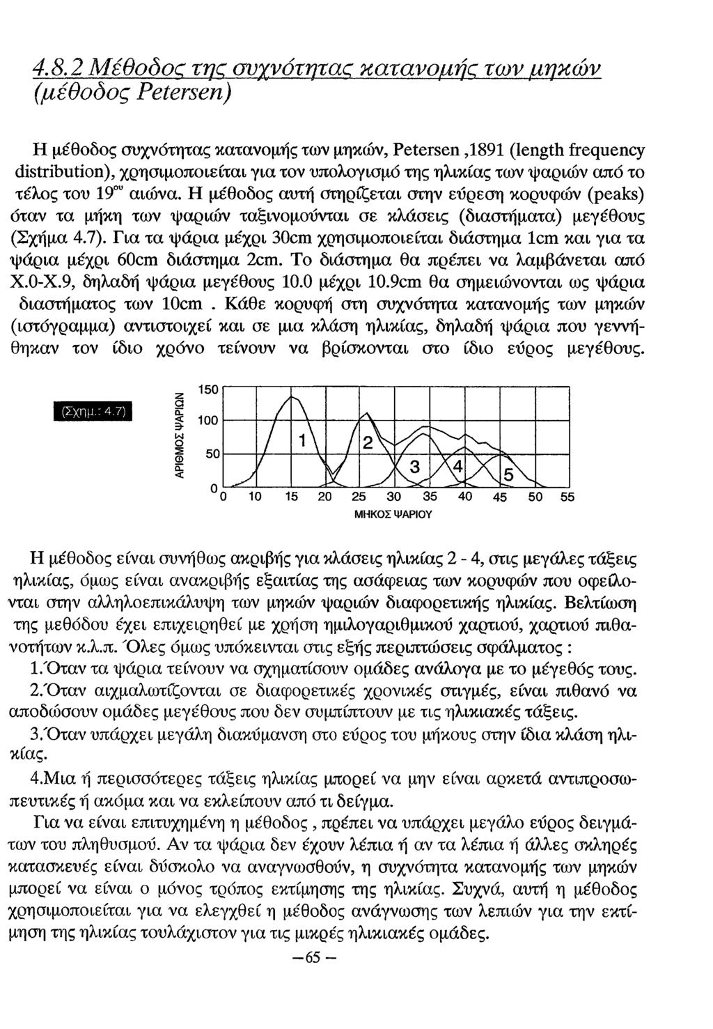 4.8.2 Μέθοδοα της συχνότητας κατανομήc των μηκών (μέθοδος Petersen) Η μέθοδος συχνότητας κατανομής των μηκών, Petersen,1891 (length frequency distribution), χρησιμοποιείται για τον υπολογισμό της