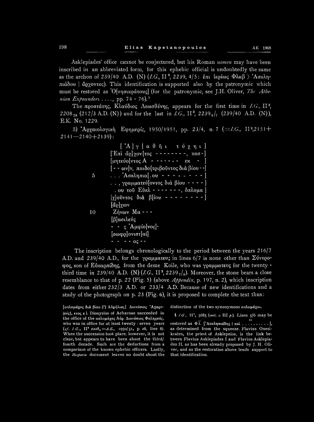 198 Elias Kapetanopoulos AE 1968 Asklepiades office cannot be conjectured, but bis Roman nomen may have been inscribed in an abbreviated form, for this ephebic official is undoubtedly the same as the
