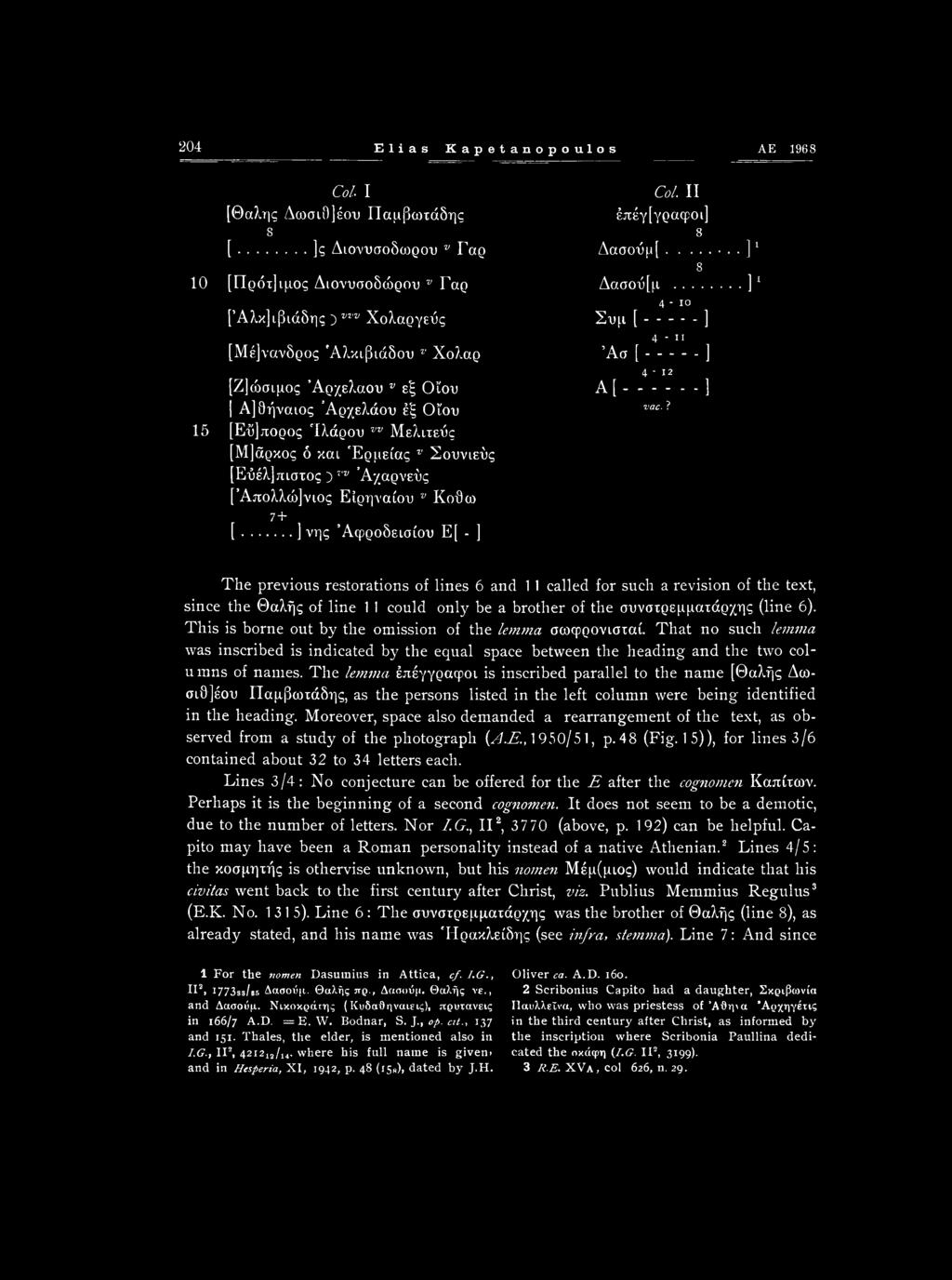 204 Elias Kapetanopoulos AE 1968 Col I [Θα?α]ς ΔωσιΟ]έου Παμβωτάδης 8 [.