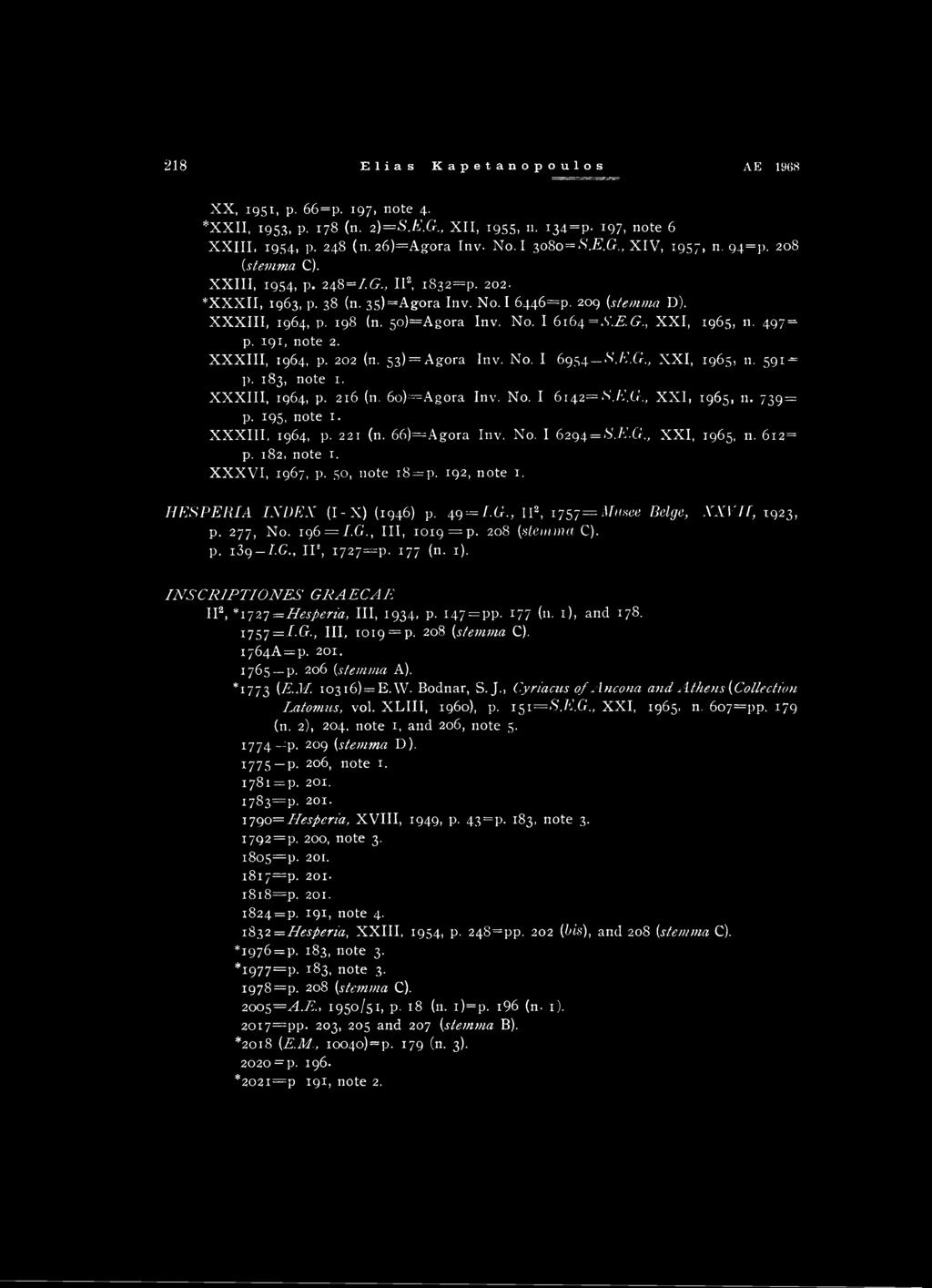 497 = p. 191, note 2. XXXIII, 1964, p. 202 (n. 53) = Agora Inv. No. I 6954 S.E.G., XXI, 1965, n. 591^= p. 183, note 1. XXXIII, 1964, p. 216 (n. 6o)=Agora Inv. No. I 6142= S.E.G., XXI, 1965, n. 739 = p.