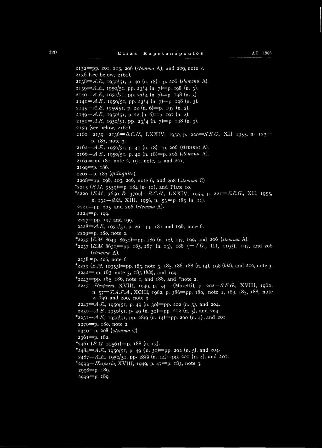 R, 1950/51, pp. 23/4 (η. 7)=p. 198 (n. 3) 2159 (see below, 2160). 2160+2159+2136=19.6.//., LXXIV, 1950, p. 220=S.E.G., XII, 1955, n 123= p. 183, note 3. 2162 A.E, 1950/51, p. 40 (n. i8)=p.