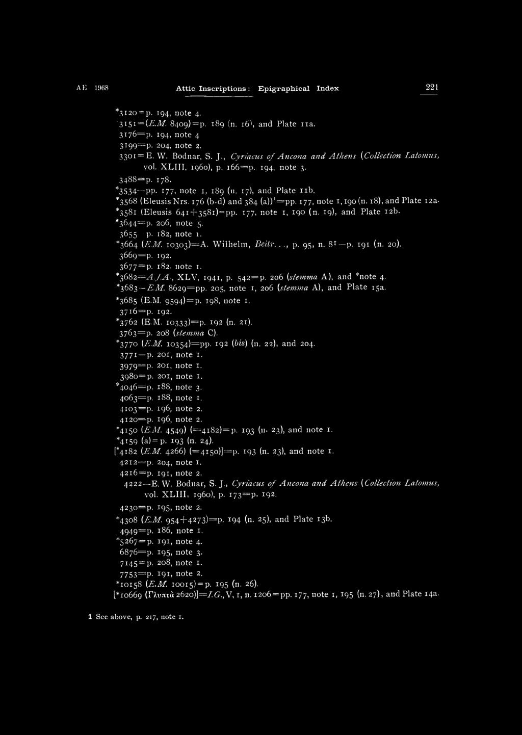 176 (b-d) and 384 (a))'=pp. 177, note 1,190 (n. 18), and Plate 12a *3581 (Eleusis 641 +358i)=pp. 177, note 1, 190 (n. 19), and Plate 12b. *3044=ρ. 2θ6, note 5. 8655 p. 182, note 1. *3664 (E.M.