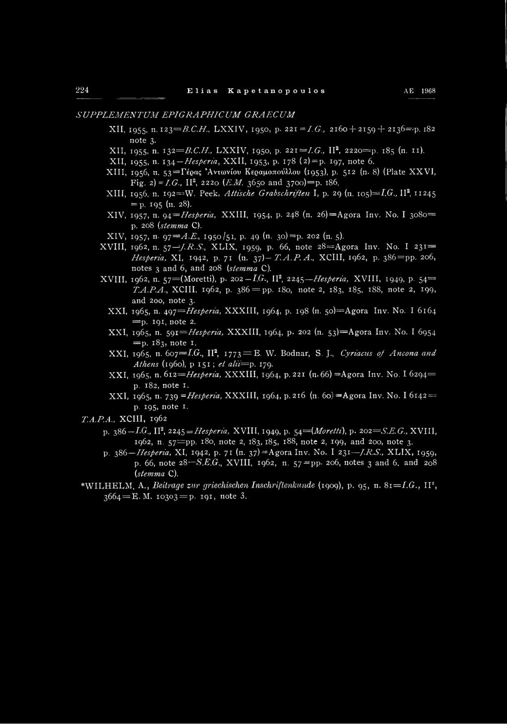 M. 3650 and 37oo)=p. 186. XIII, 1956, n. i92=w. Peek, Attische Grabschriften I, p. 29 (n. 105)=I.G., II2, 11245 = p. 195 (11. 28). XIV, 1957, n. 94=Hesperia, XXIII, 1954, p. 248 (n. 26)=Agora Inv. No.