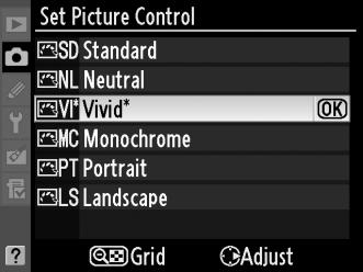 Επισημάνετε το επιθυμητό Picture Control στο μενού Set Picture Control (Ορισμός Picture Control) (0 131) και πατήστε 2. 2 Προσαρμόστε τις ρυθμίσεις.