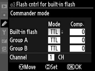 Commander Mode (Λειτουργία εντολέα) Χρησιμοποιήστε το ενσωματωμένο φλας ως κύριο φλας που θα ελέγχει μία ή περισσότερες προαιρετικές απομακρυσμένες μονάδες φλας SB-900, SB-800, SB-700, SB-600 ή