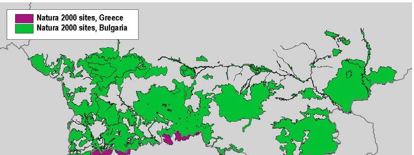 Εικόνα 4: Οι τοποθεσίες NATURA 2000 στην Ελλάδα και την Βουλγαρία (Πηγή: Ελληνικό Υπουργείο Περιβάλλοντος, Χωροταξίας και Δημοσίων Έργων, Υπουργείο περιφερειακής ανάπτυξης και δημοσίων έργων της