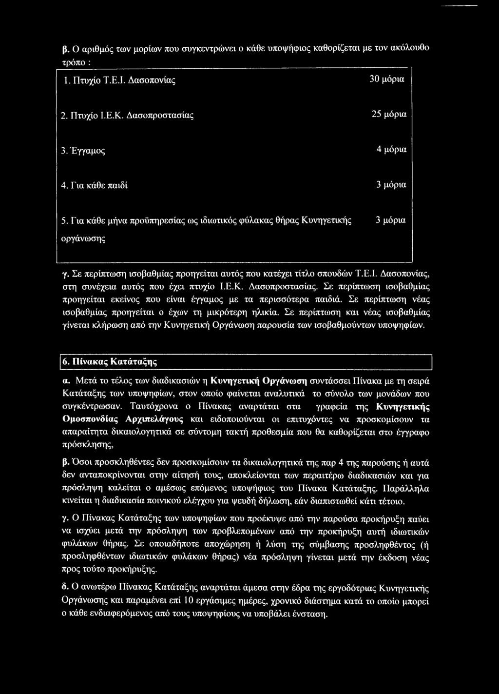 Δασοπονίας, στη συνέχεια αυτός που έχει πτυχίο Ι.Ε.Κ. Δασοπροστασίας. Σε περίπτωση ισοβαθμίας προηγείται εκείνος που είναι έγγαμος με τα περισσότερα παιδιά.