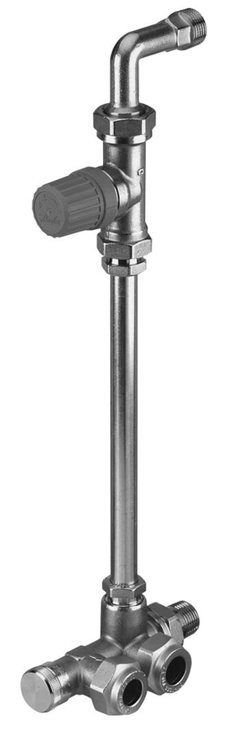 Вентил са успонском цеви RTD-KЕ се састоји од колена, тела вентила, спојне цеви и разделника. Вентил RTD-KЕ је опремљен фиксним ограничењем протока воде.