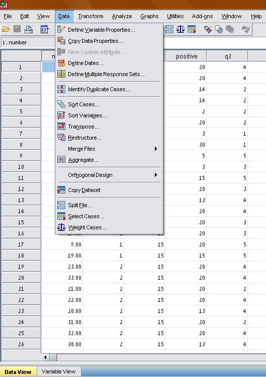 אופרציות בגיליון הנתונים: file select cases, sort cases,splite האופרציות מאפשרות לערוך שינויים בגיליון הנתונים דרך לשונית Data בסרגל הכלים של התוכנה: 1.