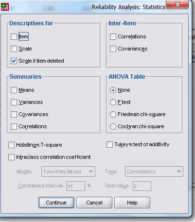 ביצוע המבחן Analyze scale reliability analysis ואז נפתח החלון הבא: מעבירים את הפריטים שאנו רוצים שיכללו בניתוח המהימנות