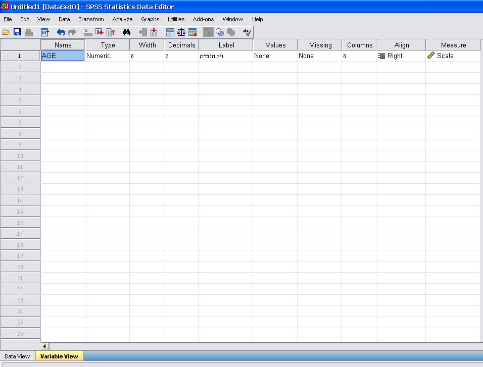 בניית קובץ נתונים בתוכנת SPSS ה SPSS כולל 3 סוגי קבצים: קובץ עריכת הנתונים הכולל 2 לשוניות: Data View הזנת הנתונים שהחוקר אסף )כל שורה היא תצפית /נבדק כל עמודה היא משתנה( Variable View אפיון והגדרת