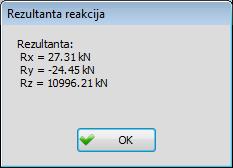 7 8.10 Rezultanta reakcija Pomoću naredbe Rezultanta reakcija može se dobiti suma reaktivnog opterećenja selektovanih oslonca i to u pravcu globalnih koordinatnih osa.