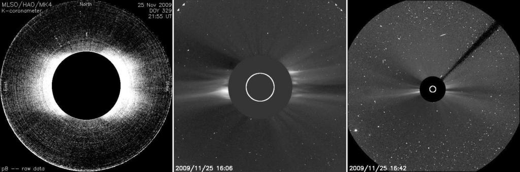 5: Εικόνες του στέμματος στις 25 Νοέμβρη 2009 από επίγειο στεμματογράφο (αριστερά) και από τους στεμματογράφους C2 (κέντρο) και C3 (δεξιά) του οργάνου LASCO στο διαστημικό παρατηρητήριο SOHO.