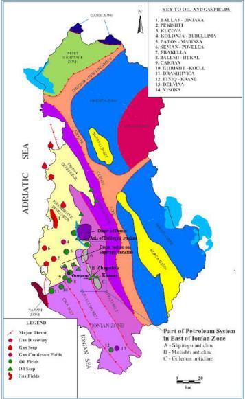 Εικόνα 29. Γεωλογικό σκαρίφημα στον οποίο απεικονίζονται τα πεδία υδρογονανθράκων της Αλβανίας και μέρος του πετρελαϊκού συστήματος της Ιόνιας ζώνης. 6.3.