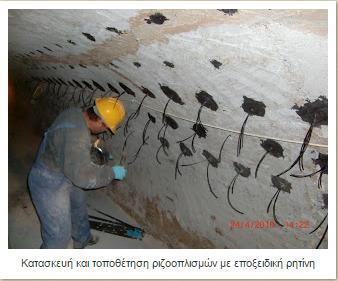 τοιχοποιίας. δημιουργία υψίκορμων δοκών. Η μέθοδος έγκειται στην κατασκευή ενός δικτύου οπών στο σώμα της τοιχοποιίας στις οποίες τοποθετούνται ράβδοι οπλισμού.