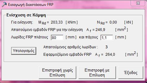 Ύστερα επιλέγουμε την εισαγωγή διαστάσεων FRP όπου θεωρούμε ελάσματα συνθέτων υλικών πάχους 1,1mm, πλάτους 80mm, μέτρου ελαστικότητας Ef=150GPa και οριακής παραμόρφωσης αστοχίας (τιμή σχεδιασμού)