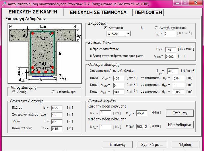 ΠΕΡΙΠΤΩΣΗ 5 η : Για σκυρόδεμα C16/20 και δομικό χάλυβα S500,χαρακτηριστική αντοχή χάλυβα fyk=400n/mm^2 δίνονται τα παρακάτω αποτελέσματα για ενίσχυση σε κάμψη της αμφιέρειστης πλακοδοκού Ύστερα