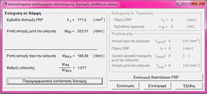Ύστερα επιλέγουμε την εισαγωγή διαστάσεων FRP όπου θεωρούμε ελάσματα συνθέτων υλικών πάχους 1,1mm, πλάτους 80mm, μέτρου ελαστικότητας Ef=150GPa και οριακής παραμόρφωσης αστοχίας (τιμή σχεδιασμού)