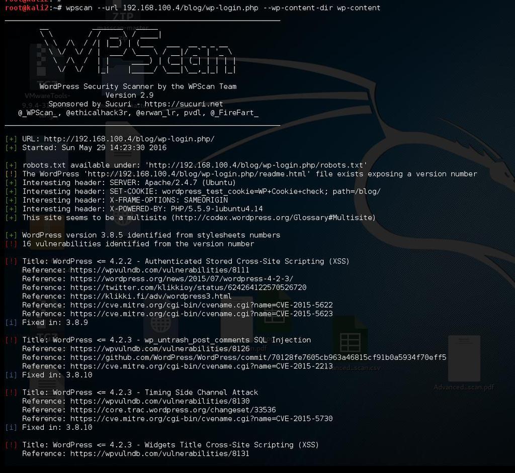 4.3 Επιθέσεις στο Wordpress 4.3.1 WPScan Το WPScan είναι ένα vulnerability scanner για Wordpress sites [15]. Εκτελέστηκε με την παρακάτω εντολή: wpscan --url 192.168.100.4/blog/wp-login.