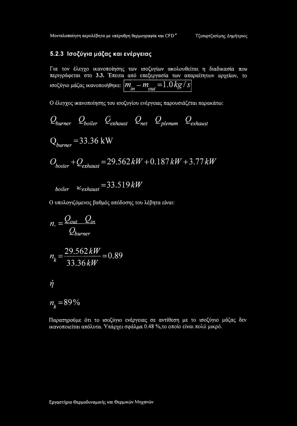 36 kw a +Q, boiler exhaust =29.562kW+0A%lkW+3.ΊΊ kw boiler ^exhaust -33.519 kw Ο υπολογιζόμενος βαθμός απόδοσης του λέβητα είναι: η, = Qmd Qdn 0burner 29.