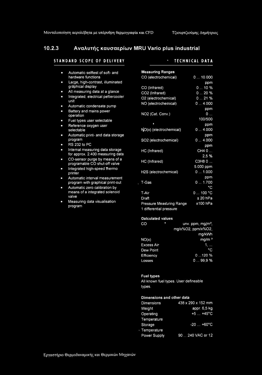 .. 21 % unit NO (electrochemical) 0... 4.000 Automatic condensate pump ppm Battery and mains power operation N02 (Cat. Conv.) 0... Fuel types user selectable 100/500 * Reference oxygen user ppm selectable fio(x) (electrochemical) 0.