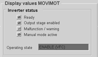 12 Σέρβις Διάγνωση MOVITOOLS για MOVIMOT με ενσωματωμένο AS-Interface Τμήμα παραθύρων "Τιμές ένδειξης MOVIMOT" Στο τμήμα παραθύρου "Inverter status" προβάλλεται η τρέχουσα κατάσταση της συσκευής.