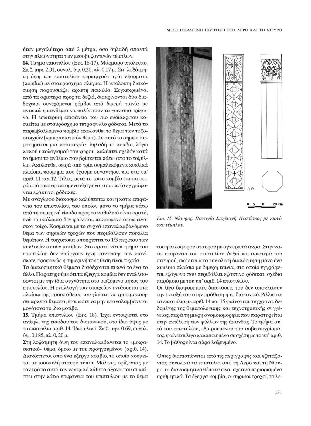 ΜΕΣΟΒΥΖΑΝΤΙΝΗ ΓΛΥΠΤΙΚΗ ΣΤΗ ΛΕΡΟ ΚΑΙ ΤΗ ΝΙΣΥΡΟ ήταν μεγαλύτερο από 2 μέτρα, όσο δηλαδή απαντά στην πλειονότητα των μεσοβυζαντινών τέμπλων. 14. Τμήμα επιστυλίου (Εικ. 16-17). Μάρμαρο υπόλευκο. Σωζ. μήκ.