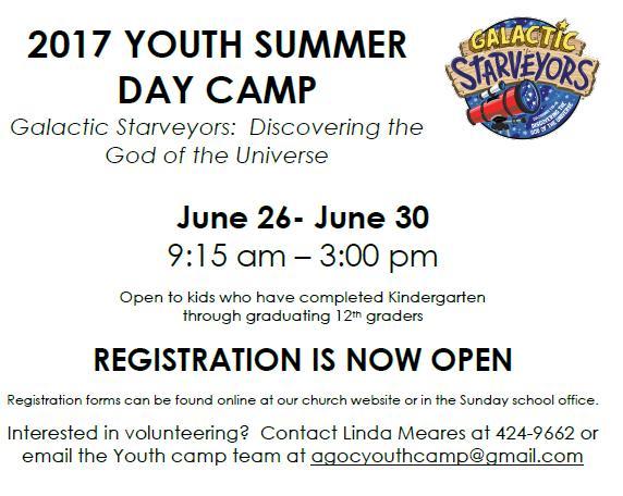 DAY CAMP DONATIONS NEEDED FOR YOUTH DAY CAMP The Youth Day Camp Committee needs your help.