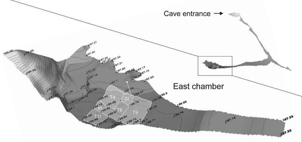 Figure 3. Cave layout and chamber floor relief showing the location of excavation trenches.