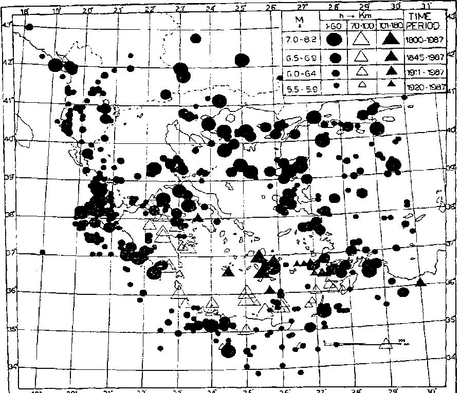 Κατανομή επικέντρων επιφανειακών σεισμών (κύκλοι)και ενδιάμεσου βάθους σεισμών (τρίγωνα) οι οποίοι έγιναν στον Ελληνικό χώρο και τις γύρω περιοχές κατά την περίοδο 1800-1987 Το 1988 ο Παπαζάχος