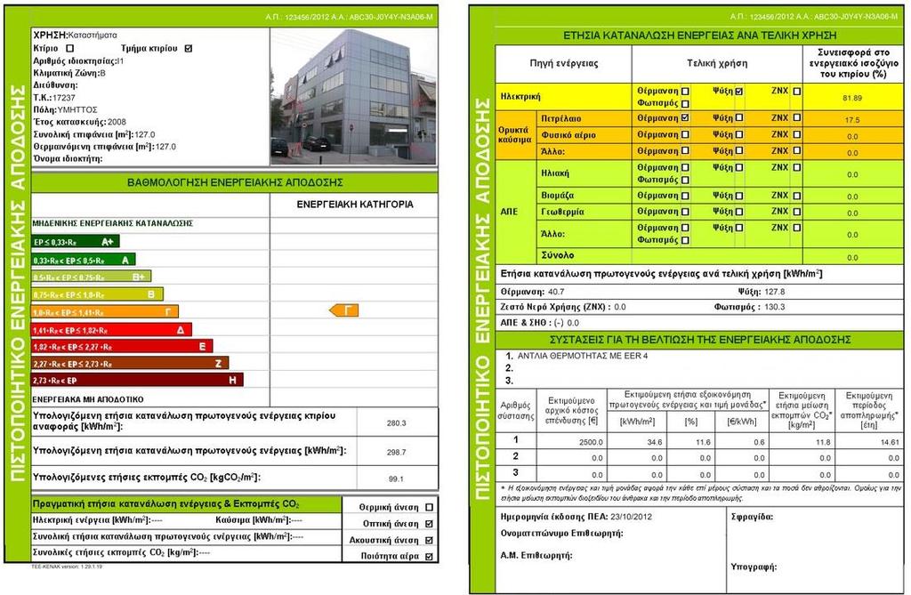 (δηλ. η ενεργειακή κλάση του) και εκδίδεται το «πιστοποιητικό ενεργειακής απόδοσης κτιρίου - ΠΕΑ» (Σχήμα 0.2.5). Εικόνα 0.2.5: Μορφή και περιεχόμενα ενεργειακού πιστοποιητικού Πηγή: http://www.filkat.