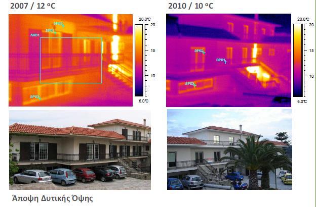 Εικόνα 0.3.5: Θερμογραφήσεις δυτικής όψης πριν και μετά τις επεμβάσεις ενεργειακής αναβάθμισης Πηγή: http://www.cres.gr/kape/publications/pdf/kelyfos/androutsopoulos_sagia_cres.