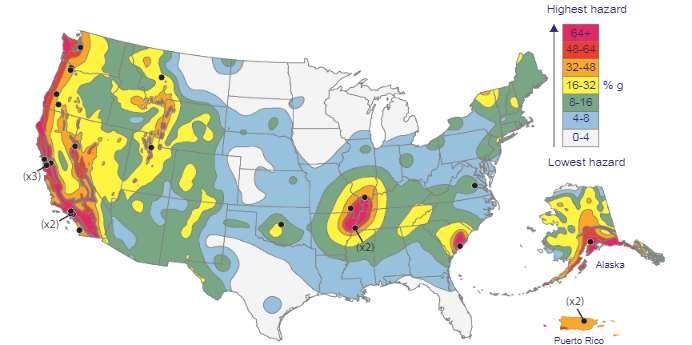 Σχήμα 3-1 Θέσεις νοσοκομείων σε χάρτη σεισμικής επικινδυνότητας Στην παραπάνω εικόνα μπορούμε να παρατηρήσουμε, ότι τα νοσοκομεία VA, τα οποία απεικονίζονται με τις μαύρες κουκκίδες πάνω στο χάρτη