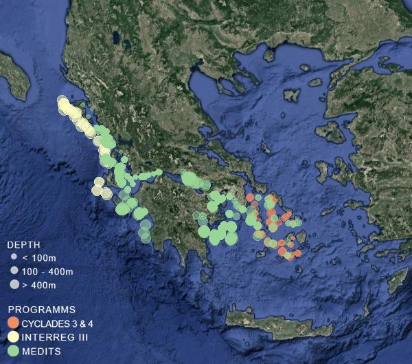 Ιστορικά Δεδομένα Στα πλαίσια της υλοποίησης του προγράμματος MEDITS (Mediterranean International Bottom Trawl Survey), συγκεντρώθηκαν δεδομένα από το υδροακουστικό σύστημα SCANMAR.