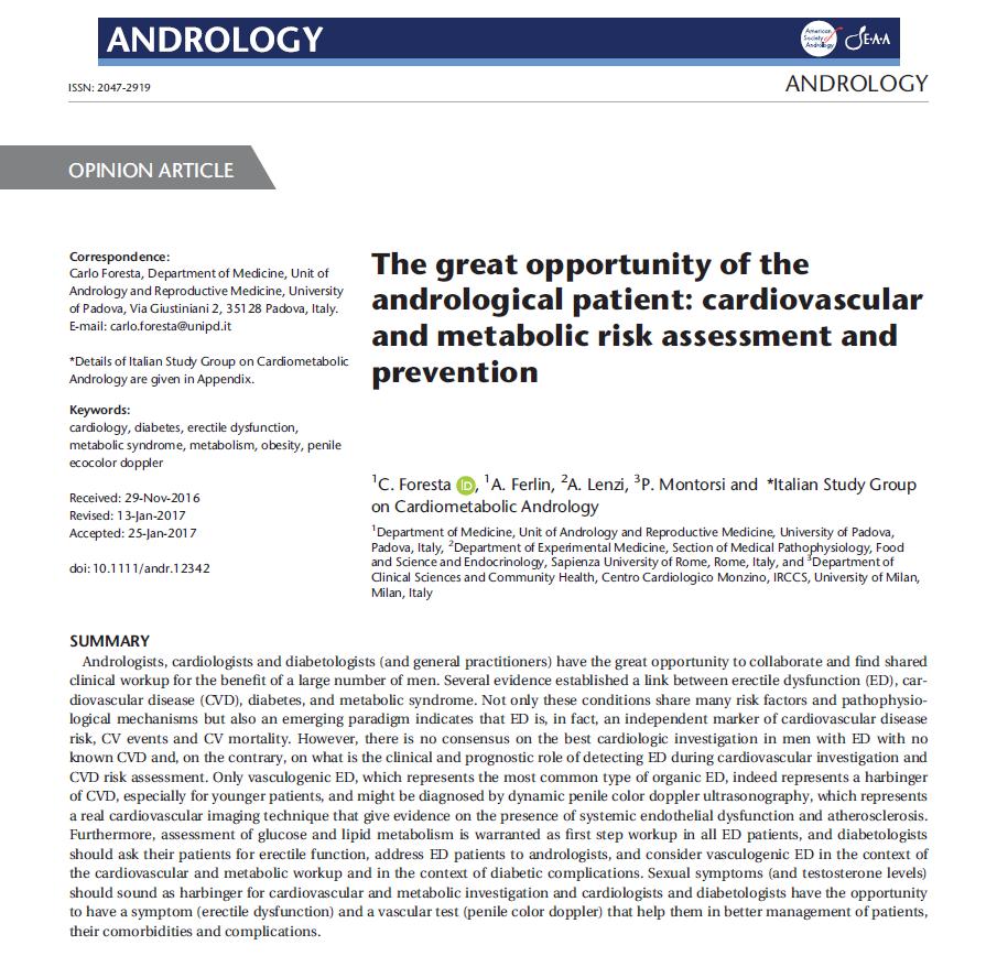 ΣΤΥΤΙΚΗ ΔΥΣΛΕΙΤΟΥΡΓΙΑ Andrologists, cardiologists and diabetologists have the great opportunity to collaborate and find shared clinical workup for the benefit of a large number of men.