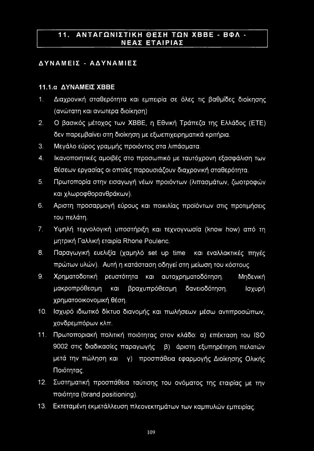 11. ΑΝΤΑΓΩΝΙΣΤΙΚΗ ΘΕΣΗ ΤΝ ΧΒΒΕ - ΒΦΛ - ΝΕΑΣ ΕΤΑΙΡΙΑΣ ΔΥΝΑΜΕΙΣ - ΑΔΥΝΑΜΙΕΣ ΙΙ.Ι.α ΔΥΝΑΜΕΙΣ ΧΒΒΕ 1. Διαχρνική σταθερότητα και εμπειρία σε όλες τις βαθμίδες διίκησης (ανώτατη και ανώτερα διίκηση) 2.