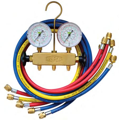 Κατάλληλο για: R134/404/507 Χωρίς υδροδέικτη. Γάντζος για κρέμασμα. Manifold set ΑΡΕΧ-8-DS Two way brass manifold with Ø68mm gauges.