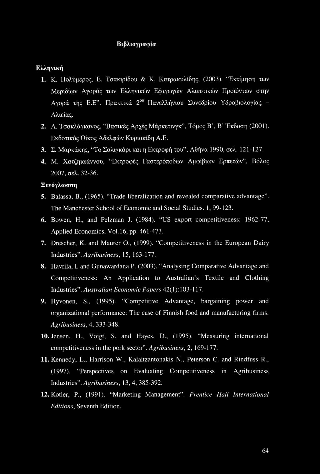 32-36. Ξενόγλωσση 5. Balassa, Β., (1965). Trade liberalization and revealed comparative advantage. The Manchester School of Economic and Social Studies. 1, 99-123. 6. Bowen, H., and Pelzman J. (1984).