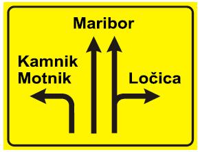 Obvestilo za razvrščanje na križišču z več prometnimi pasovi in dodanimi imeni prometnih ciljev.