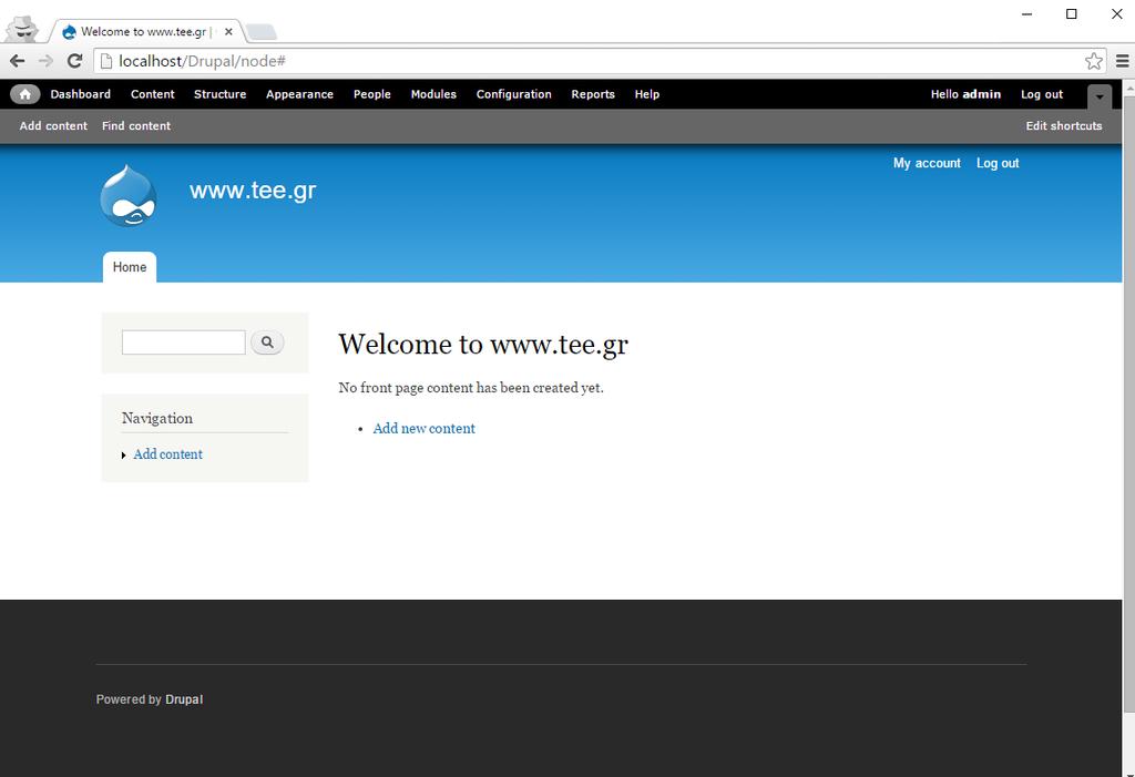 Εικόνα 17.3. Αρχική σελίδα μετά την εγκατάσταση του Drupal. Εικόνα 17.4. Διαχείριση (Back-end) του Drupal.
